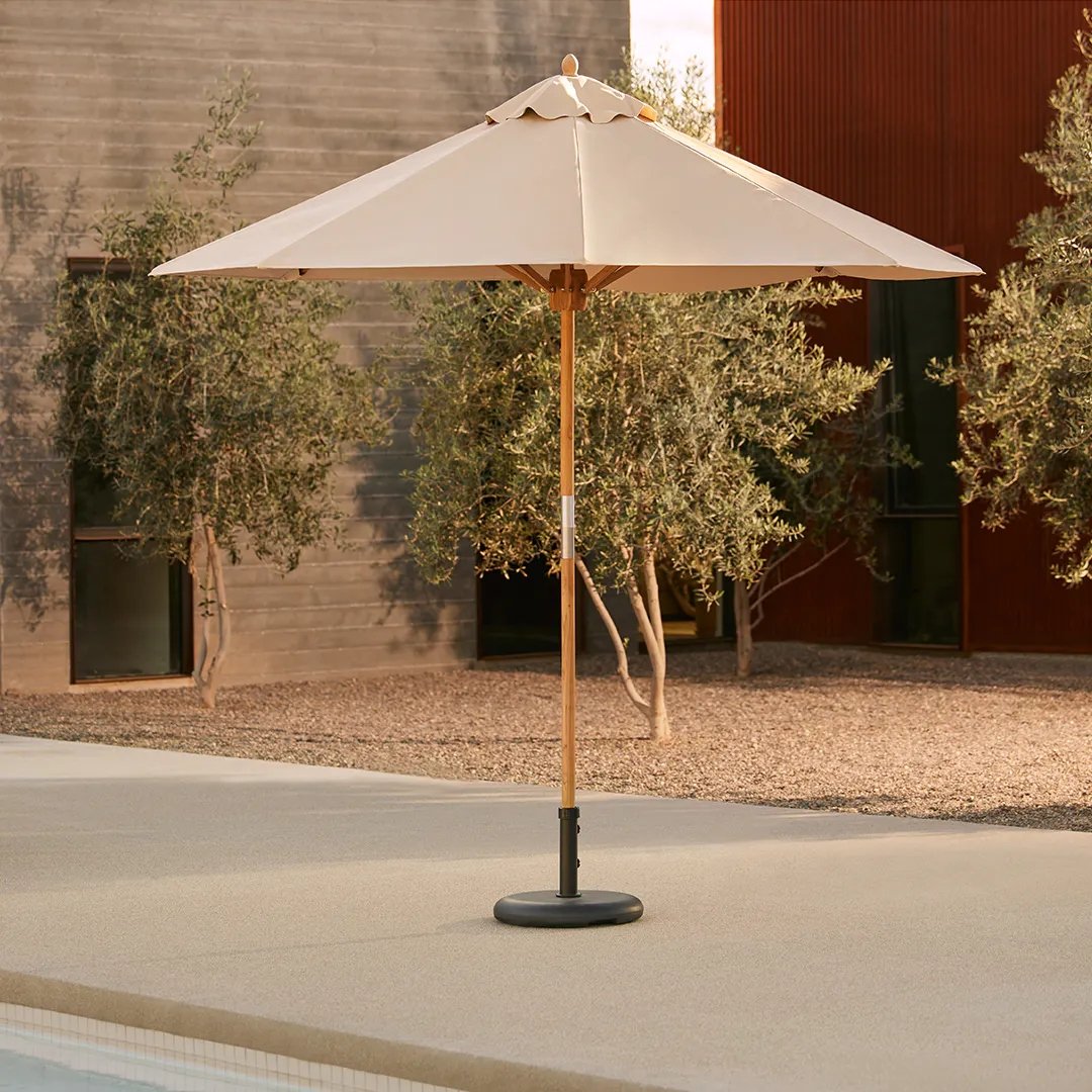 Beige wooden patio umbrella